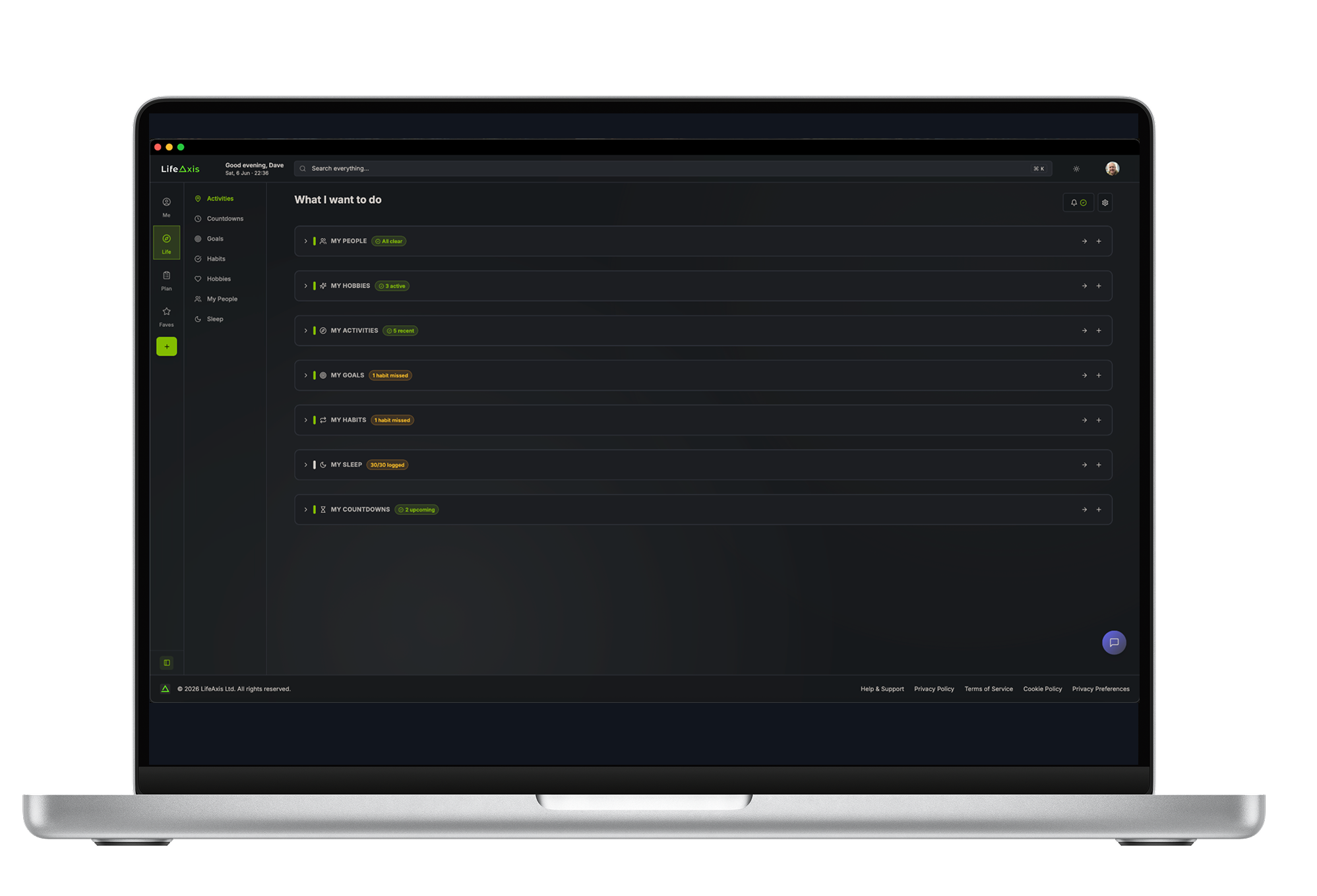 LifeAxis Life dashboard — goals, hobbies, people and activities