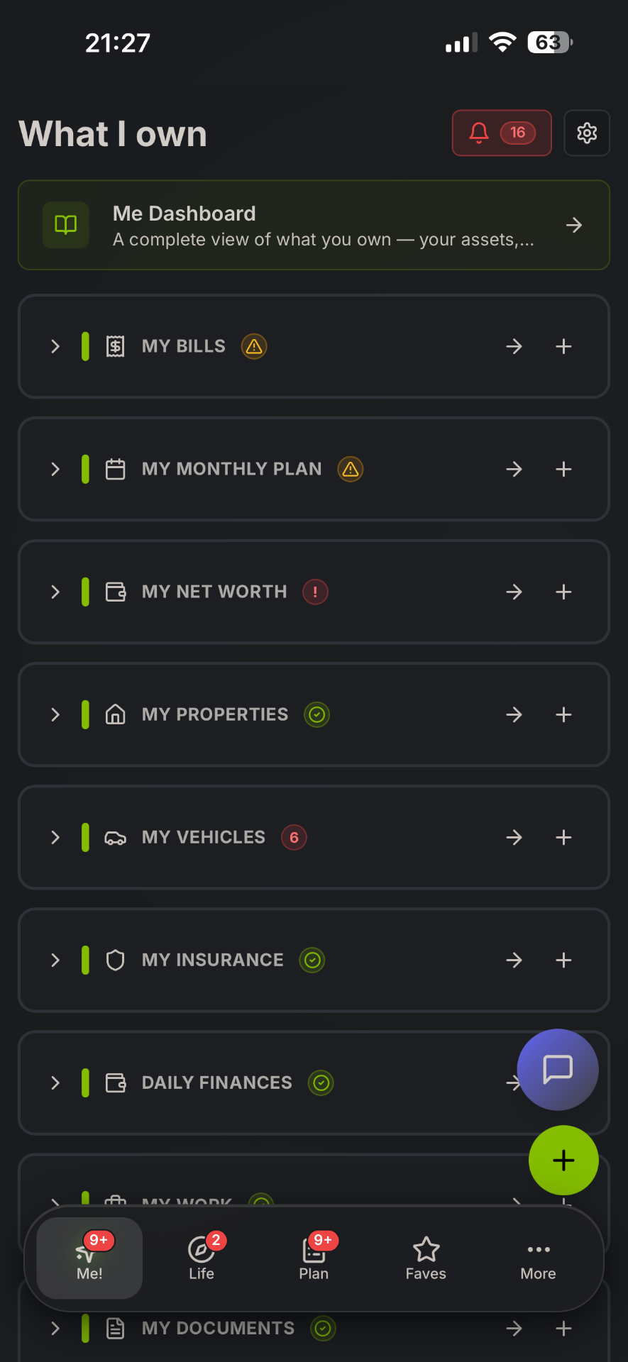 LifeAxis Wealth dashboard screen showing bills, monthly plan, net worth, properties, vehicles, insurance and more