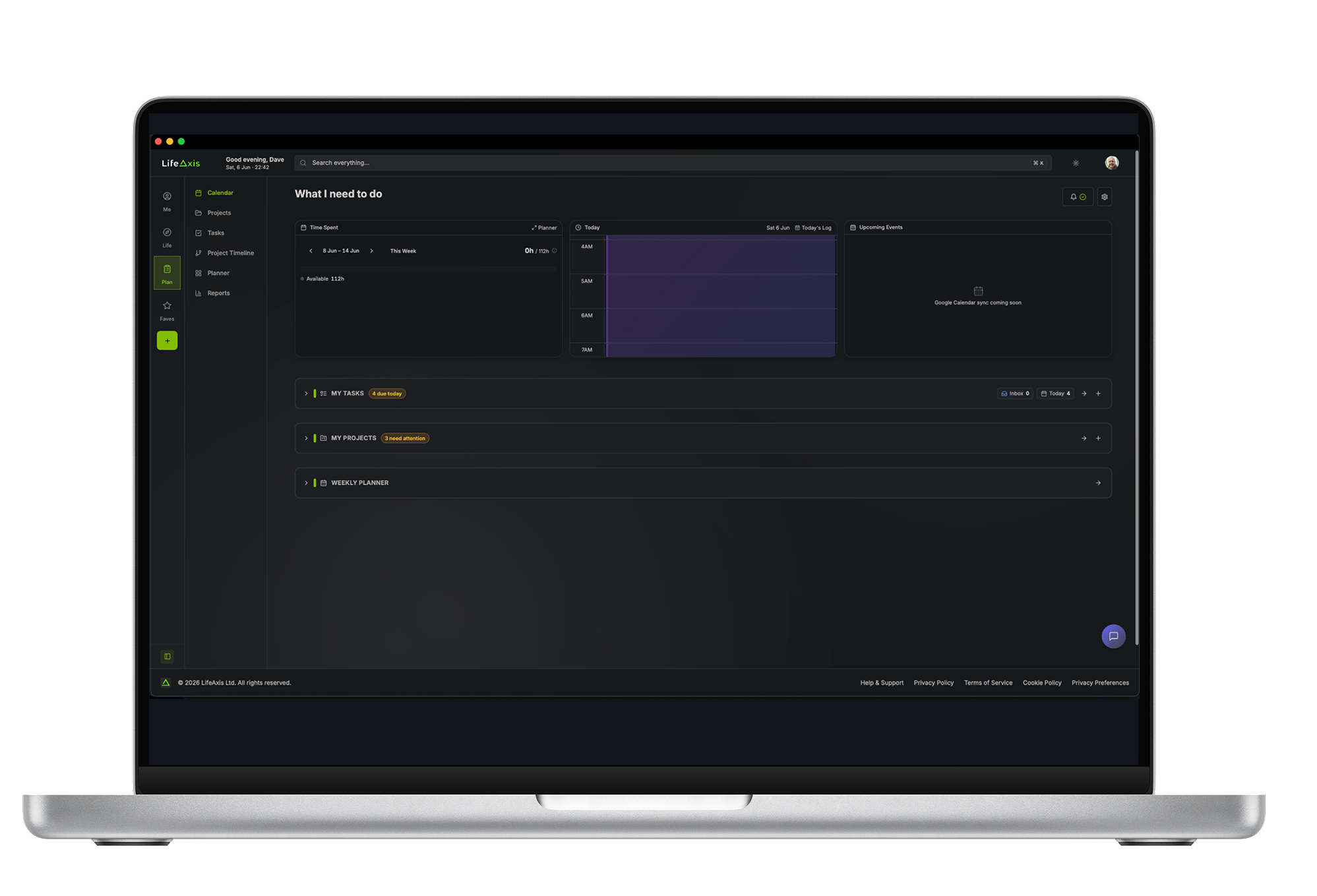 LifeAxis Plan dashboard — tasks, projects and the weekly planner